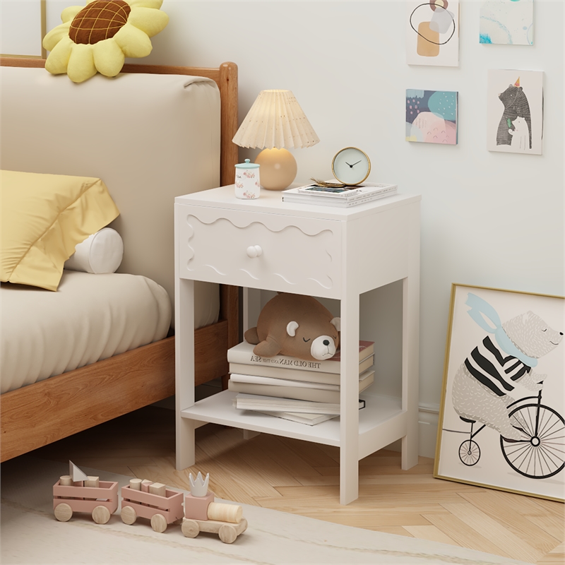 White Nightstand with Drawer and Open Shelf Solid Wood Frame End Table