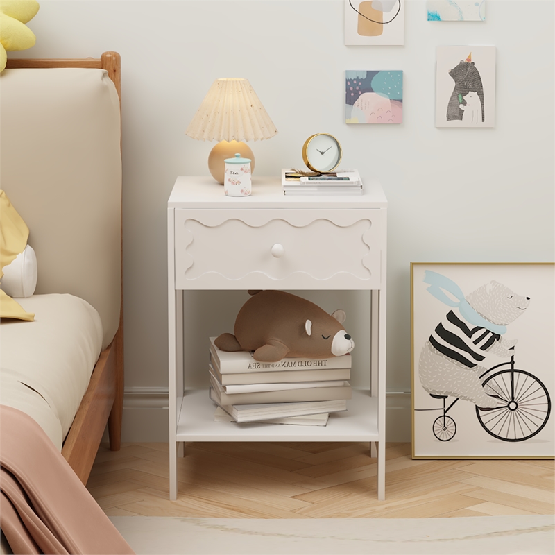 White Nightstand with Drawer and Open Shelf Solid Wood Frame End Table