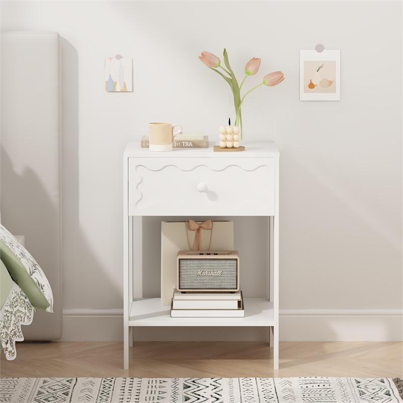 White Nightstand with Drawer and Open Shelf Solid Wood Frame End Table