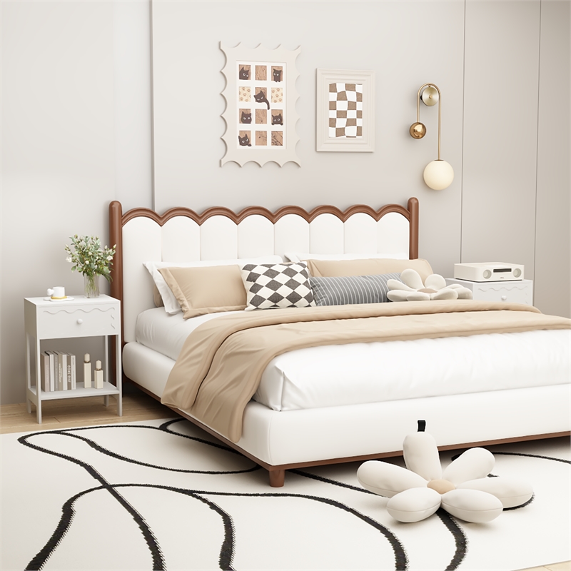 White Nightstand with Drawer and Open Shelf Solid Wood Frame End Table