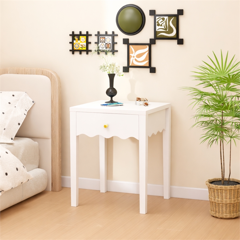 White Solid Wood Nightstand with Drawer and Wavy Apron Design