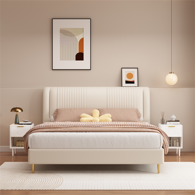Modern White Solid Wood Nightstand with Gold Handle and Open Shelf