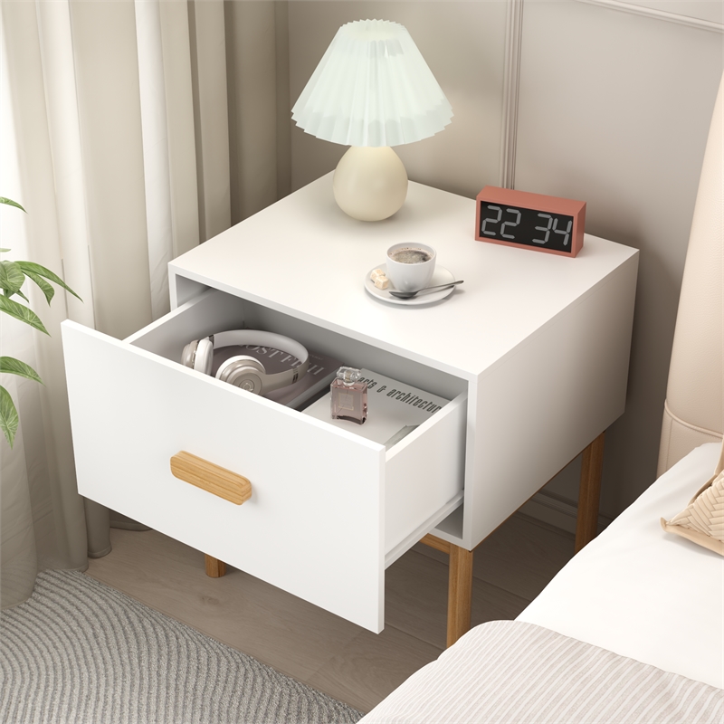 Modern White Engineered Wood Nightstand with Drawer and Minimalist Legs
