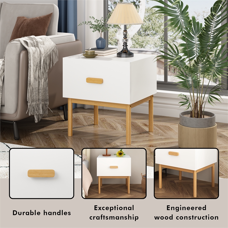 Modern White Engineered Wood Nightstand with Drawer and Minimalist Legs