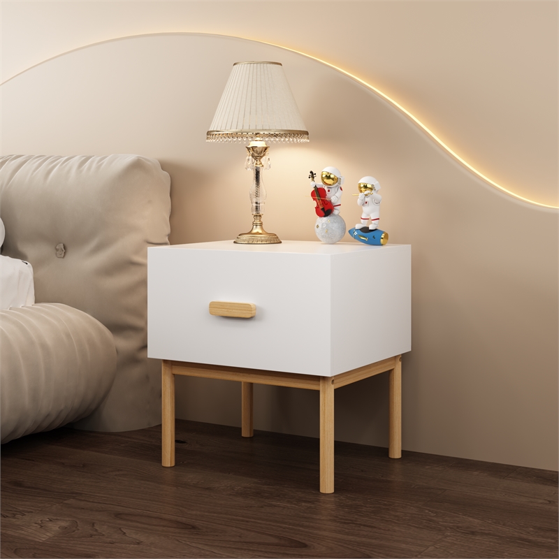 Modern White Engineered Wood Nightstand with Drawer and Minimalist Legs