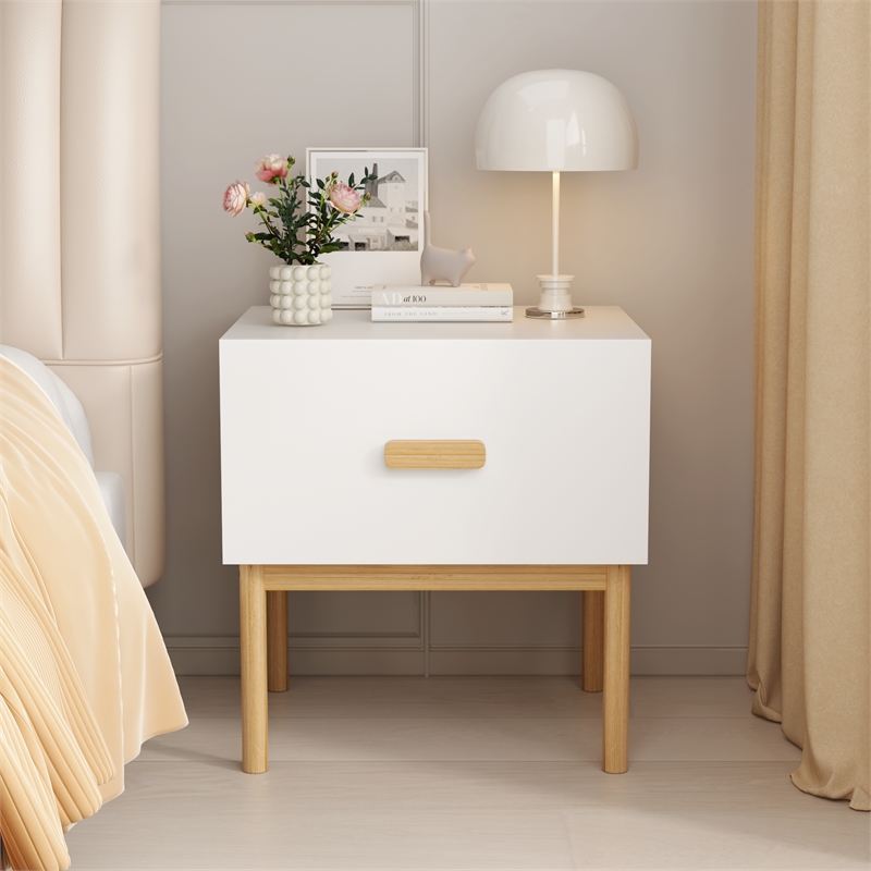 Modern White Engineered Wood Nightstand with Drawer and Minimalist Legs