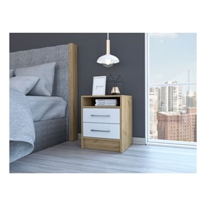 Nightstand Two Drawers White and Light Oak Solid Wood