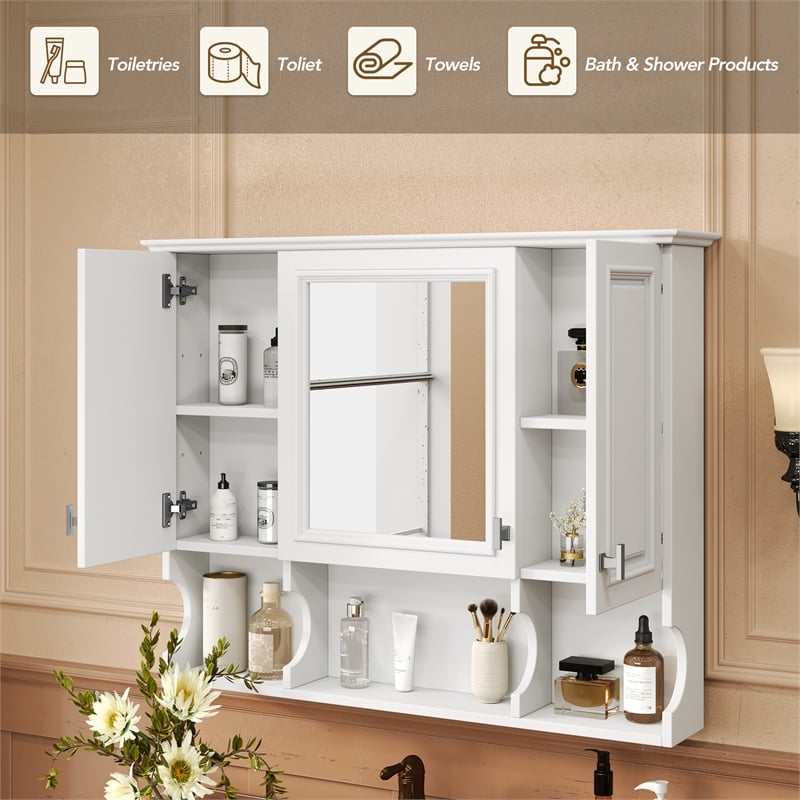 Wall Mounted White Wood Mirror Medicine Cabinet with Open Shelves