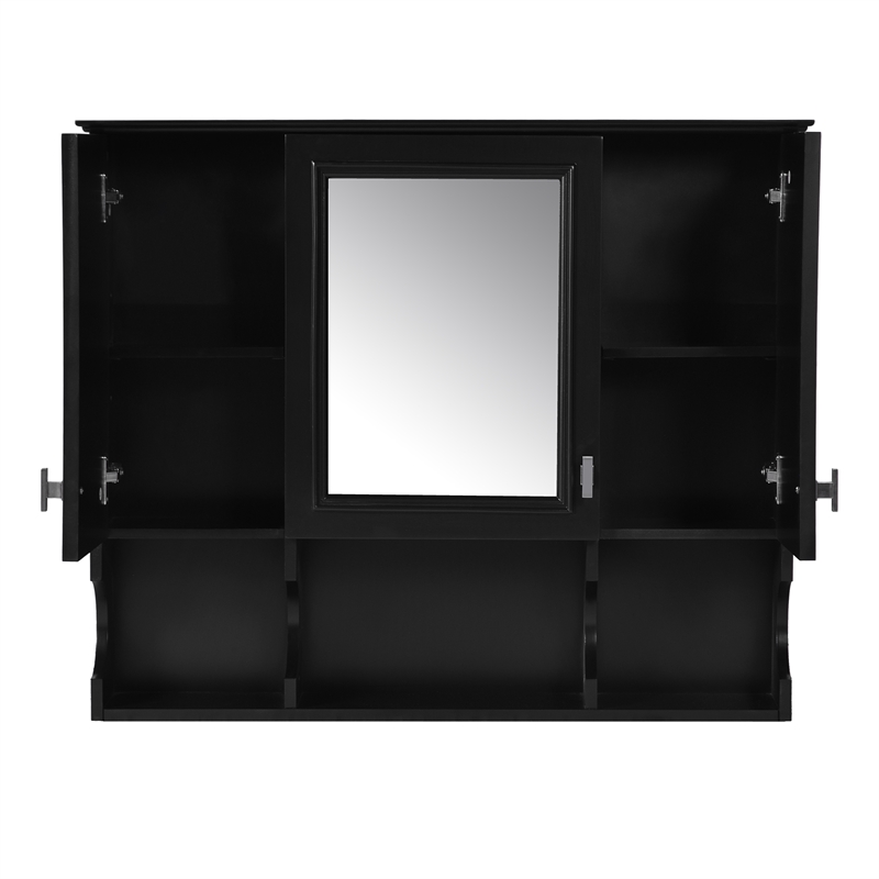 Black Wood Wall Mounted Bathroom Medicine Cabinet with Mirror and Open Shelves
