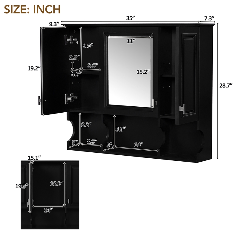 Black Wood Wall Mounted Bathroom Medicine Cabinet with Mirror and Open Shelves