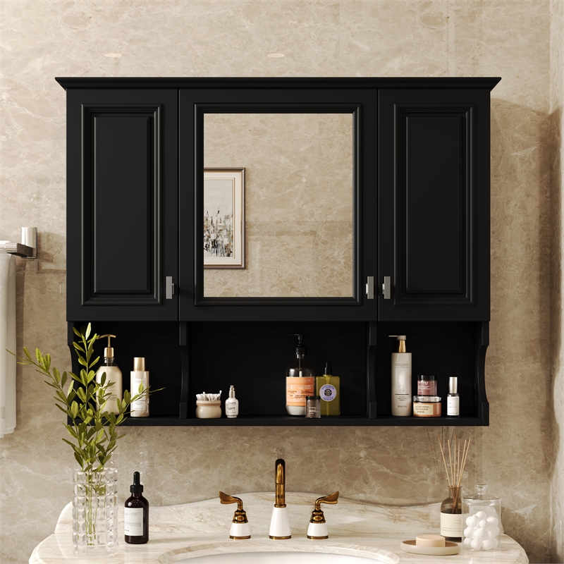 Black Wood Wall Mounted Bathroom Medicine Cabinet with Mirror and Open Shelves