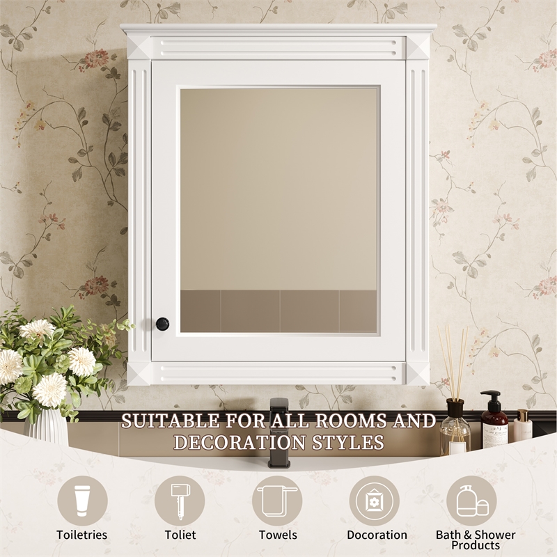 White Wood Wall Mounted Mirror Medicine Cabinet Bathroom Storage Organizer