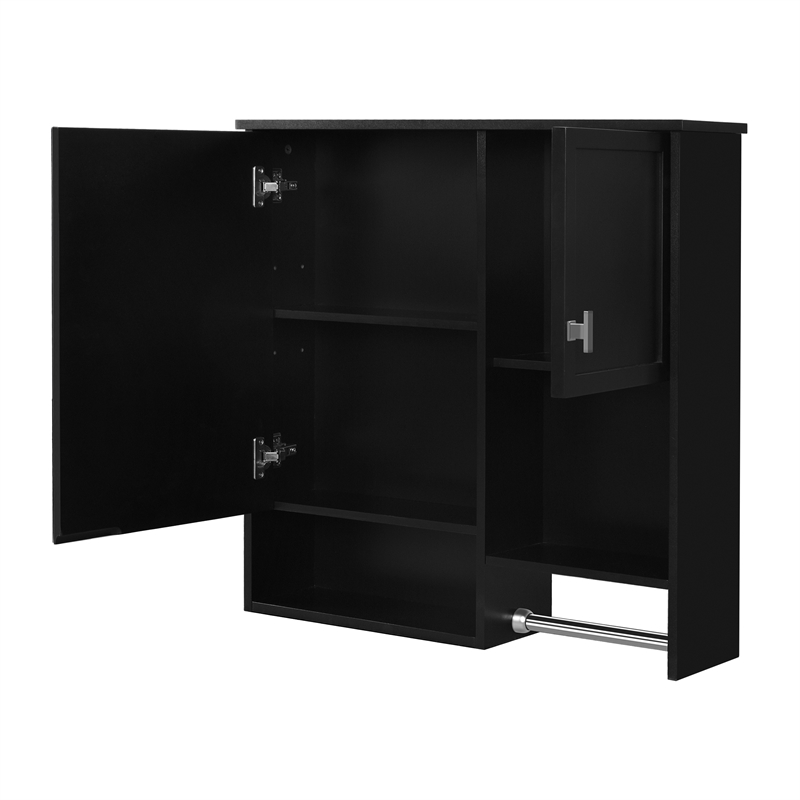 Black Wood Wall Mounted Bathroom Medicine Cabinet with Mirror and Towel Bar