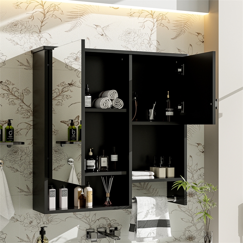 Black Wood Wall Mounted Bathroom Medicine Cabinet with Mirror and Towel Bar