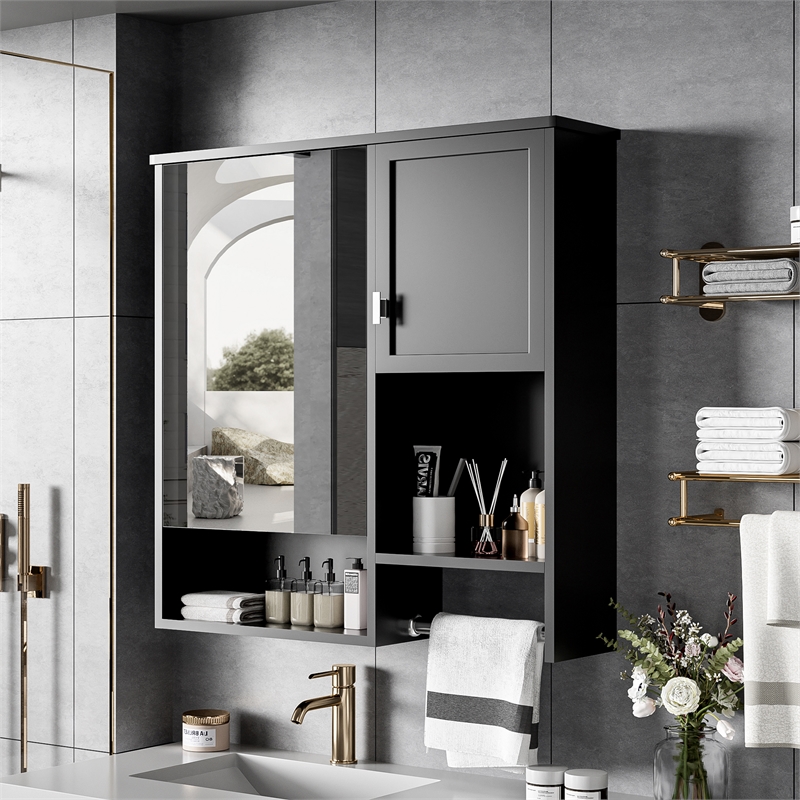 Black Wood Wall Mounted Bathroom Medicine Cabinet with Mirror and Towel Bar