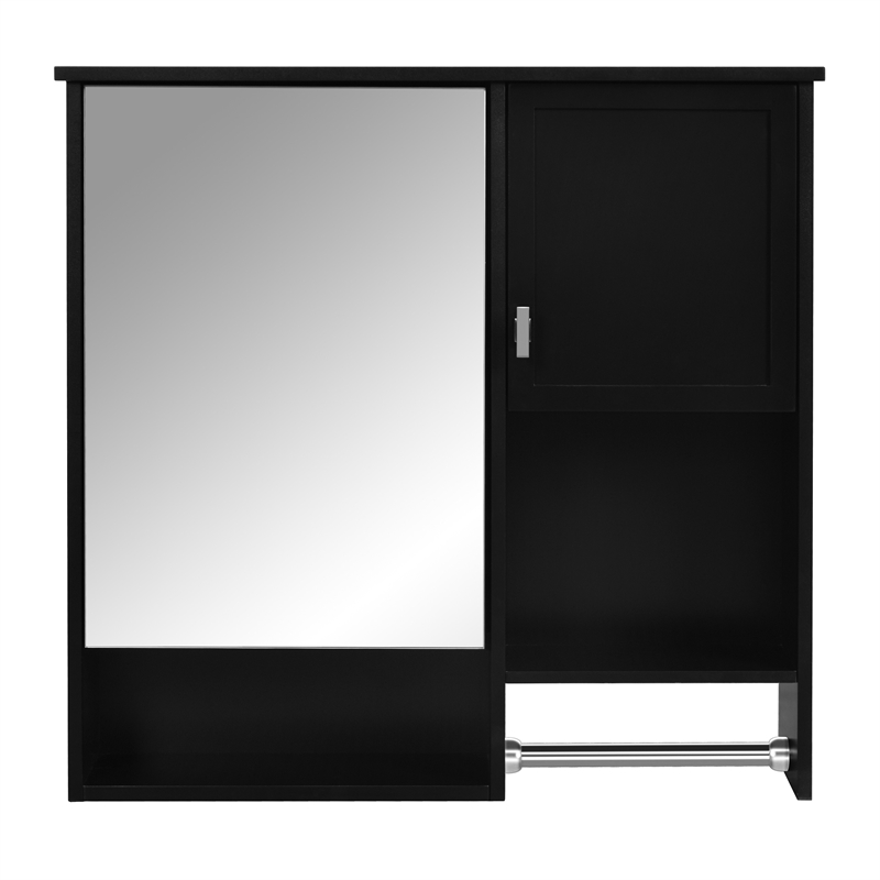 Black Wood Wall Mounted Bathroom Medicine Cabinet with Mirror and Towel Bar