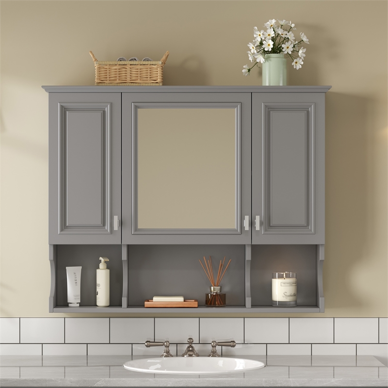 Gray Wood Wall Mounted Bathroom Medicine Cabinet with Mirror and Open Shelves