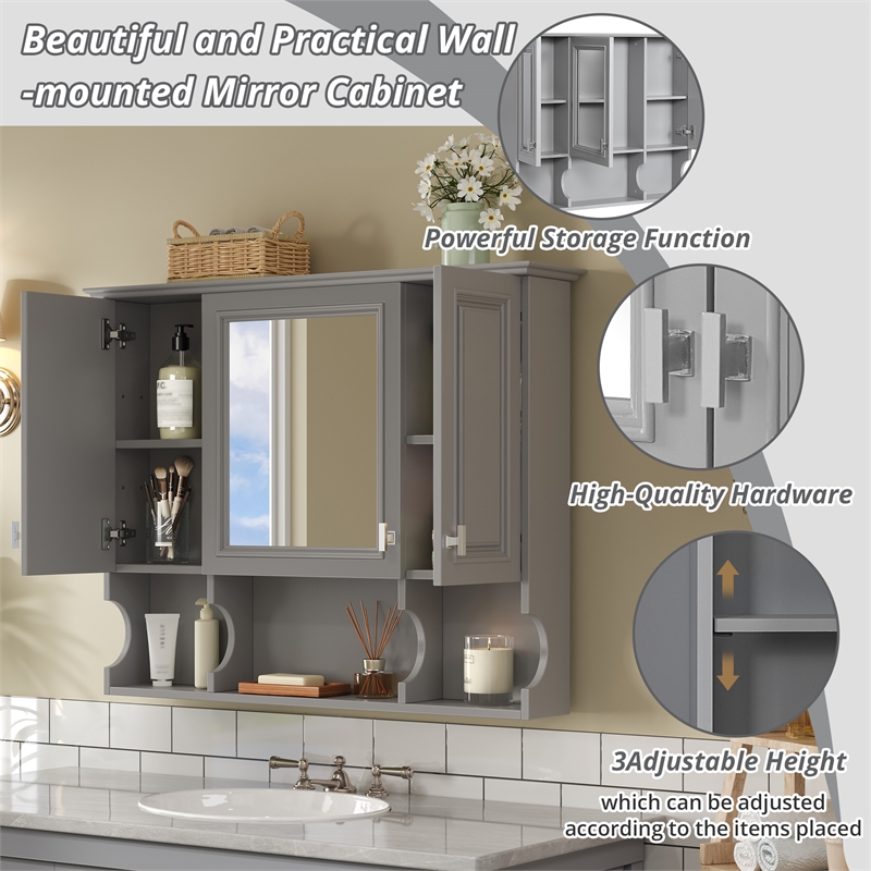 Gray Wood Wall Mounted Bathroom Medicine Cabinet with Mirror and Open Shelves