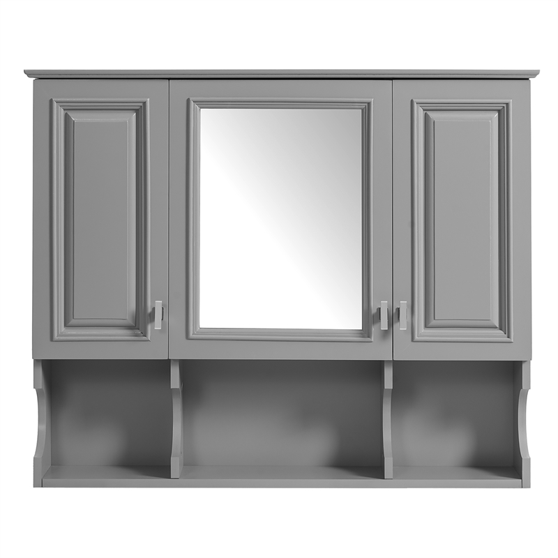 Gray Wood Wall Mounted Bathroom Medicine Cabinet with Mirror and Open Shelves