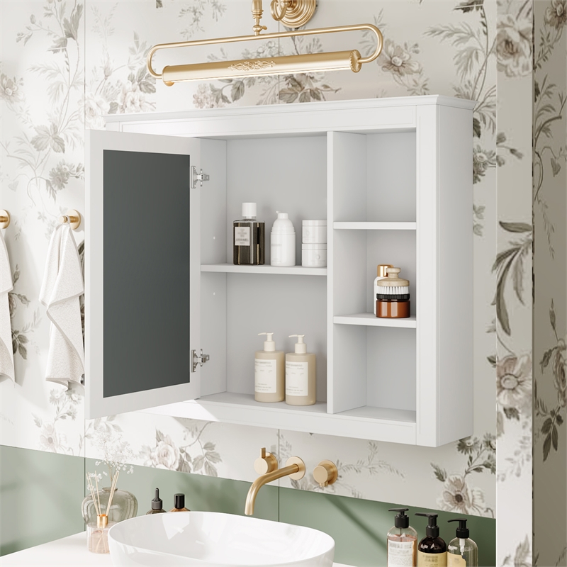 White Wood Medicine Cabinet with Mirror and 6 Open Shelves Wall Mounted Storage