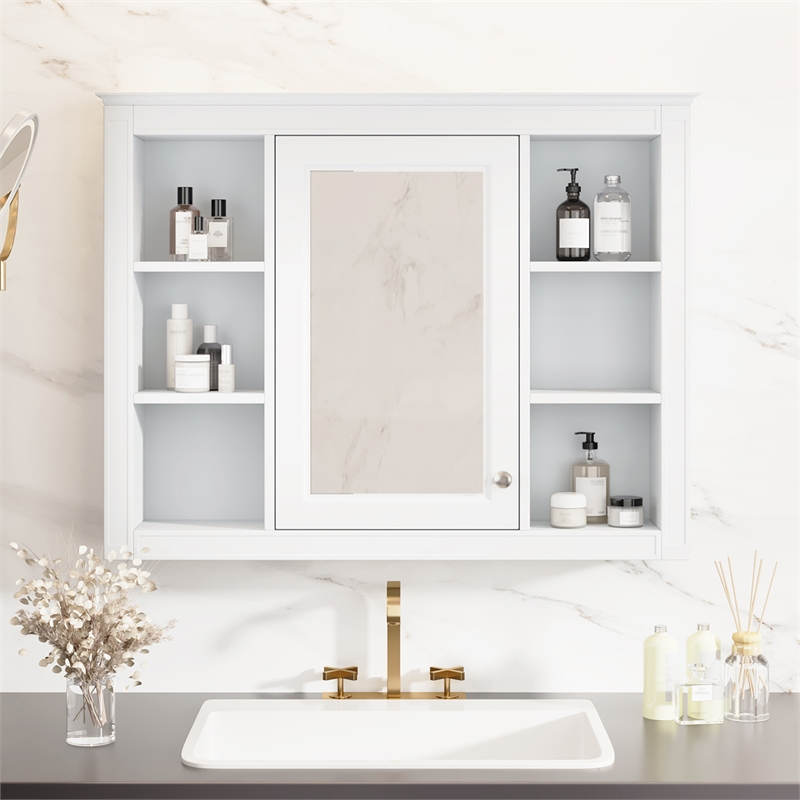 White Wood Medicine Cabinet with Mirror and 6 Open Shelves Wall Mounted Storage