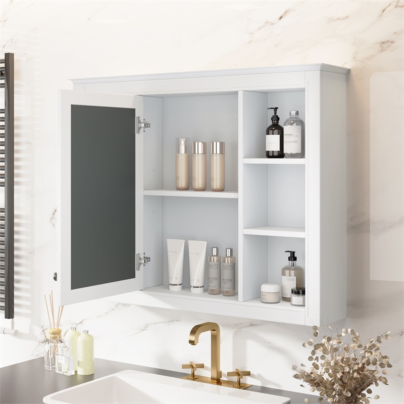 White Wood Medicine Cabinet with Mirror and 6 Open Shelves Wall Mounted Storage
