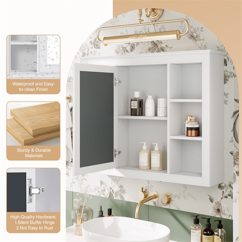 White Wood Medicine Cabinet with Mirror and 6 Open Shelves Wall Mounted Storage