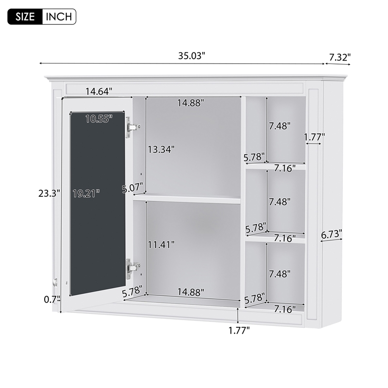 White Wood Medicine Cabinet with Mirror and 6 Open Shelves Wall Mounted Storage