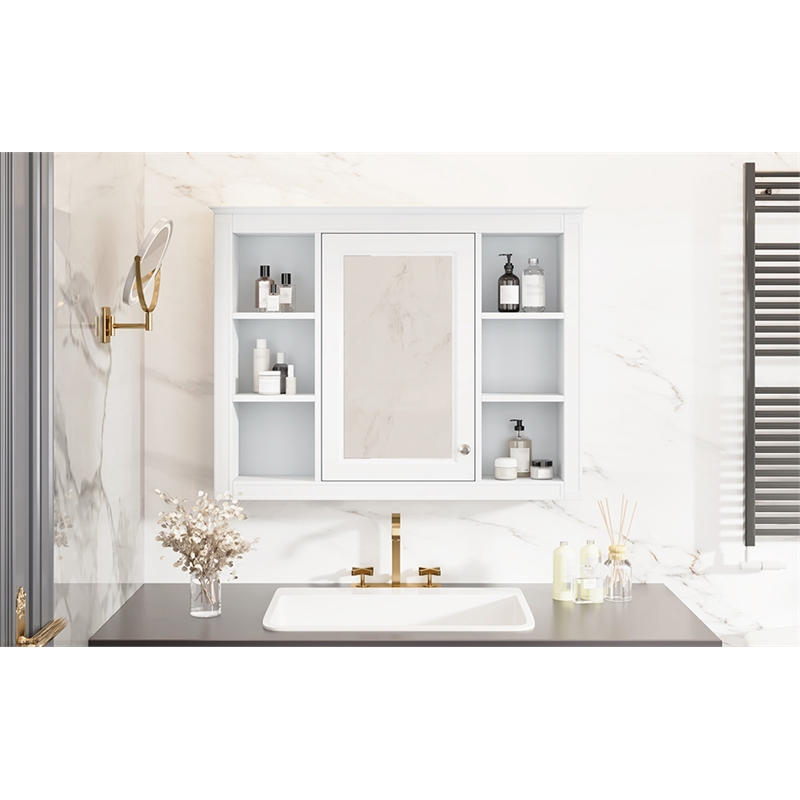 White Wood Medicine Cabinet with Mirror and 6 Open Shelves Wall Mounted Storage
