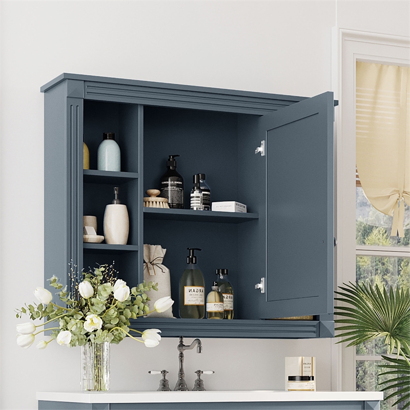 Blue Solid Wood Wall Mounted Bathroom Medicine Cabinet with Mirror and Shelves