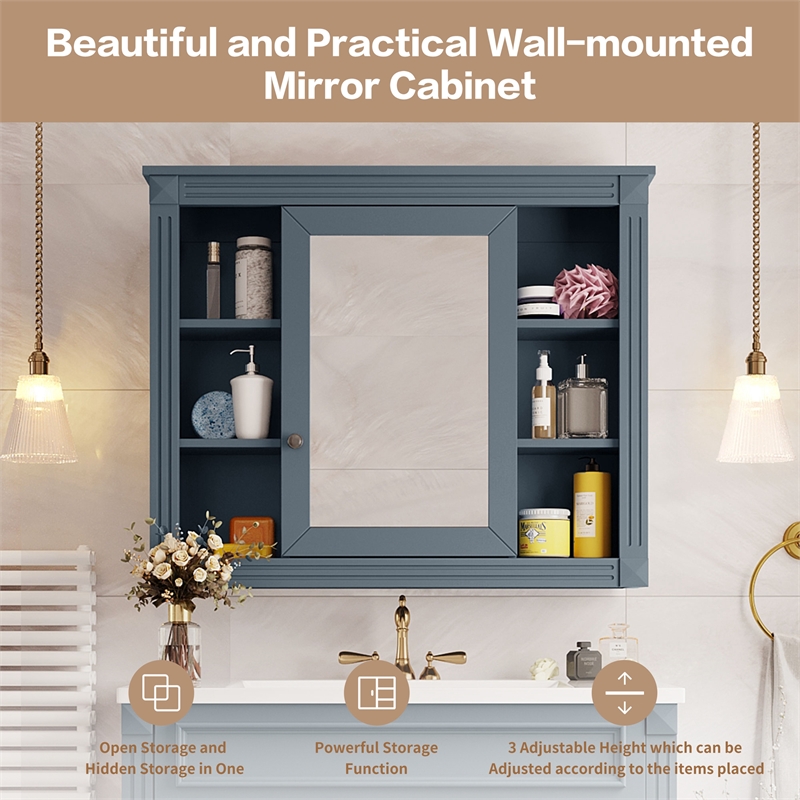 Blue Solid Wood Wall Mounted Bathroom Medicine Cabinet with Mirror and Shelves