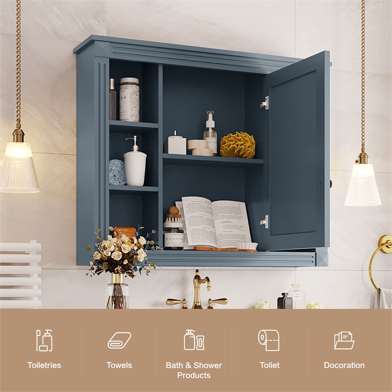 Blue Solid Wood Wall Mounted Bathroom Medicine Cabinet with Mirror and Shelves
