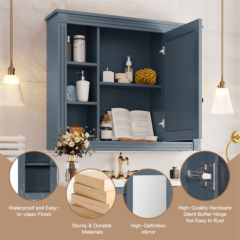 Blue Solid Wood Wall Mounted Bathroom Medicine Cabinet with Mirror and Shelves