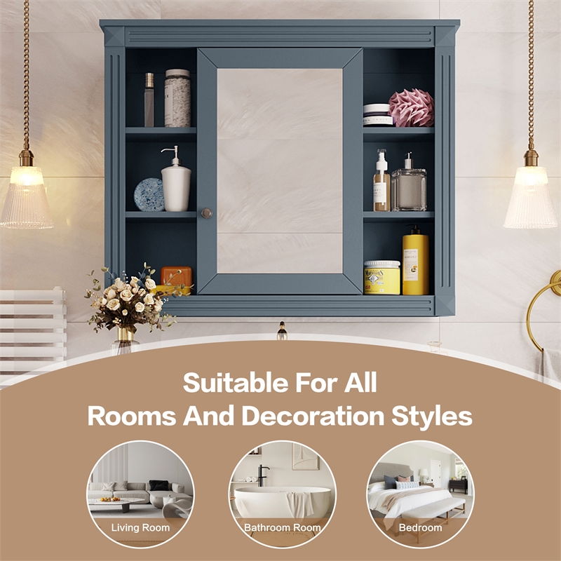 Blue Solid Wood Wall Mounted Bathroom Medicine Cabinet with Mirror and Shelves