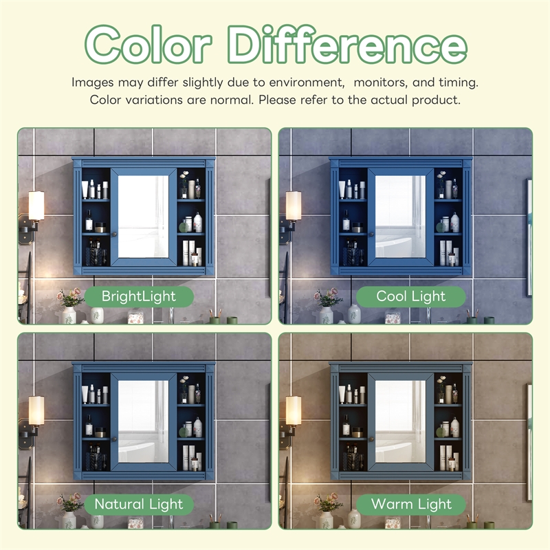 Blue Solid Wood Wall Mounted Bathroom Medicine Cabinet with Mirror and Shelves