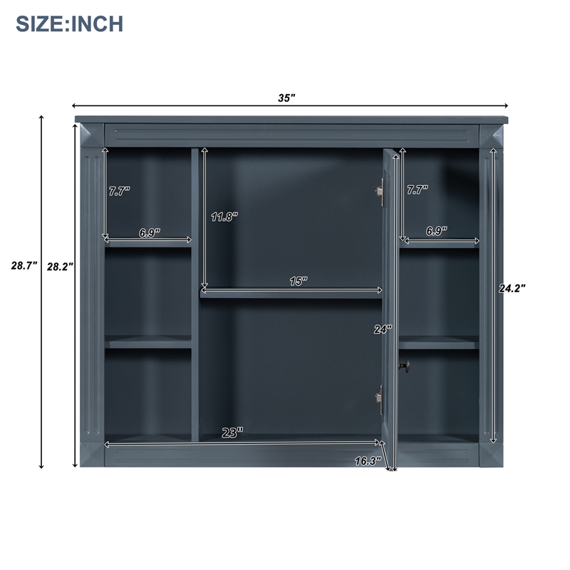Blue Solid Wood Wall Mounted Bathroom Medicine Cabinet with Mirror and Shelves