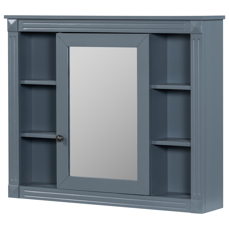 Blue Solid Wood Wall Mounted Bathroom Medicine Cabinet with Mirror and Shelves
