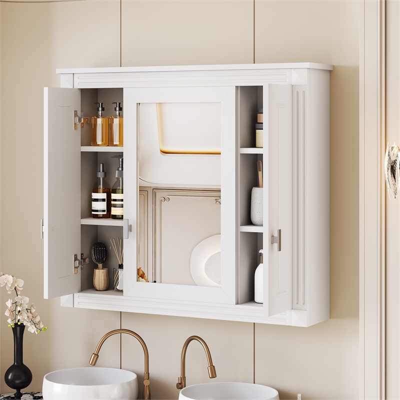 White Solid Wood Wall Mounted Mirror Medicine Cabinet with 4 Shelves