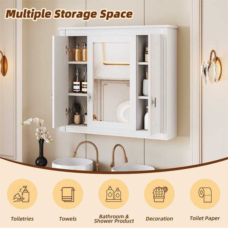 White Solid Wood Wall Mounted Mirror Medicine Cabinet with 4 Shelves