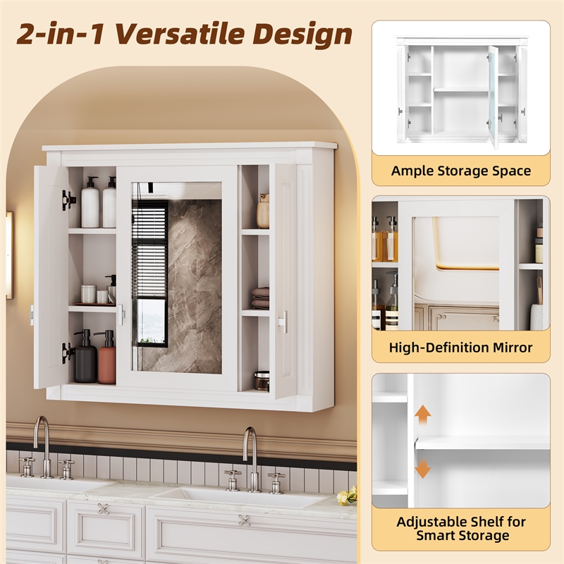 White Solid Wood Wall Mounted Mirror Medicine Cabinet with 4 Shelves