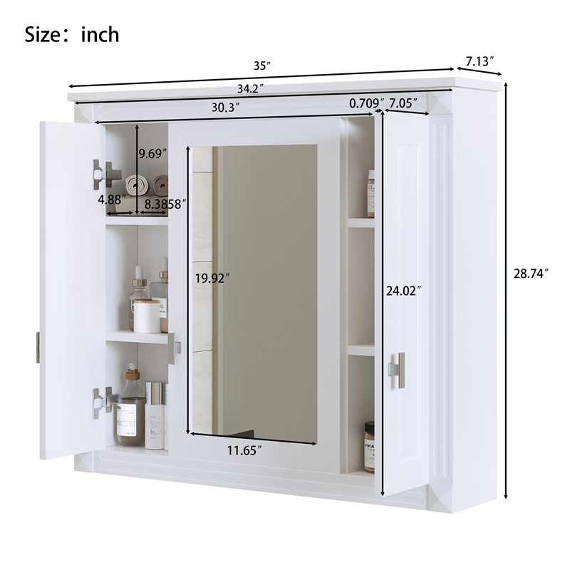 White Solid Wood Wall Mounted Mirror Medicine Cabinet with 4 Shelves