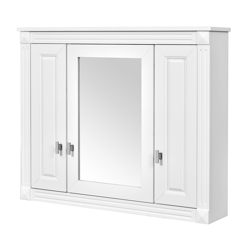 White Solid Wood Wall Mounted Mirror Medicine Cabinet with 4 Shelves