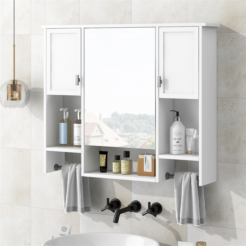 White Solid Wood Modern Wall Mounted Bathroom Medicine Cabinet with Mirror Bar