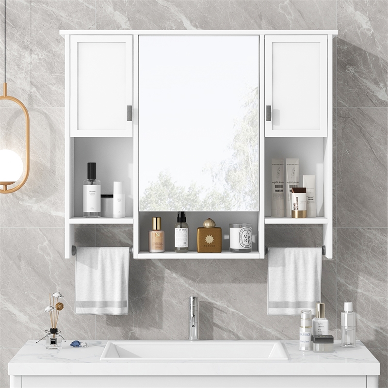 White Solid Wood Modern Wall Mounted Bathroom Medicine Cabinet with Mirror Bar