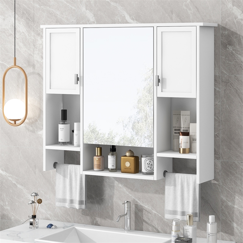 White Solid Wood Modern Wall Mounted Bathroom Medicine Cabinet with Mirror Bar