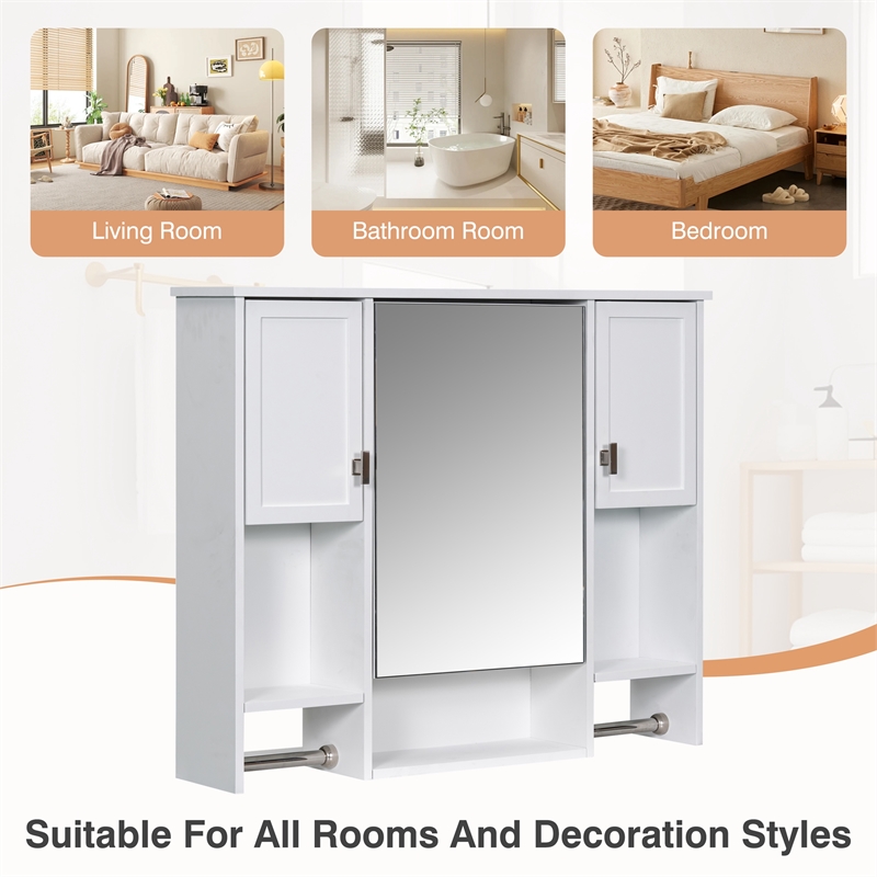 White Solid Wood Modern Wall Mounted Bathroom Medicine Cabinet with Mirror Bar