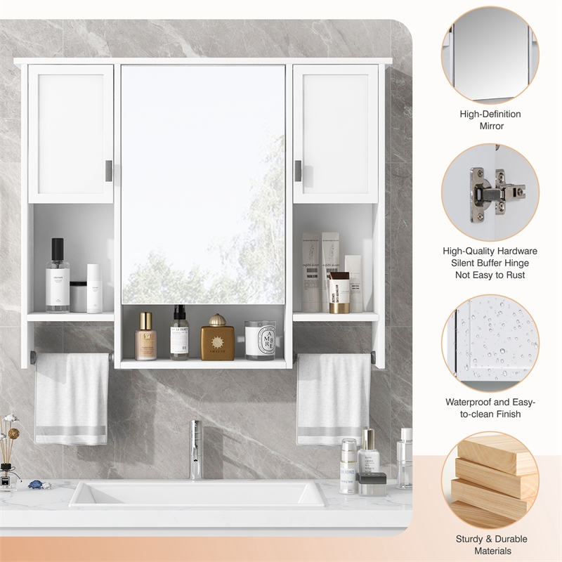 White Solid Wood Modern Wall Mounted Bathroom Medicine Cabinet with Mirror Bar