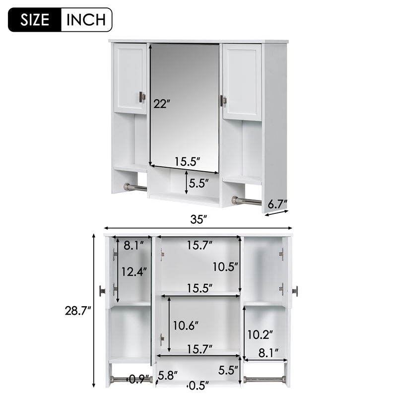 White Solid Wood Modern Wall Mounted Bathroom Medicine Cabinet with Mirror Bar
