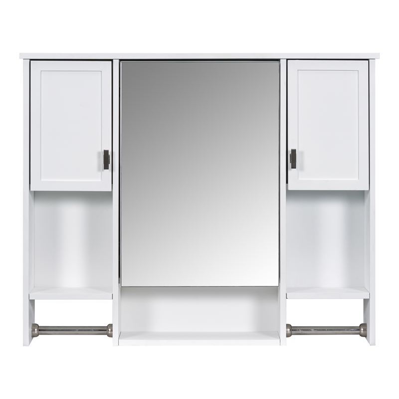White Solid Wood Modern Wall Mounted Bathroom Medicine Cabinet with Mirror Bar