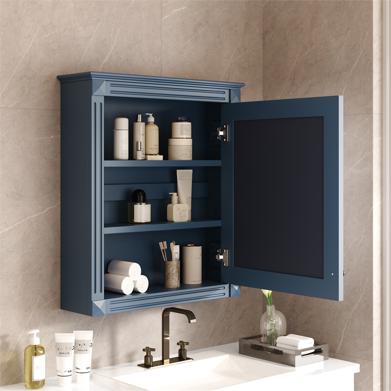 Blue Solid Wood Wall Mounted Bathroom Medicine Cabinet with Mirror and Shelf